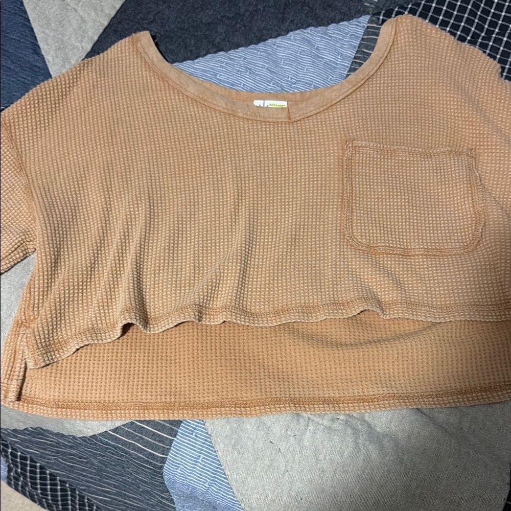 Waffle-Knit Crop Top with Pocket - Tan